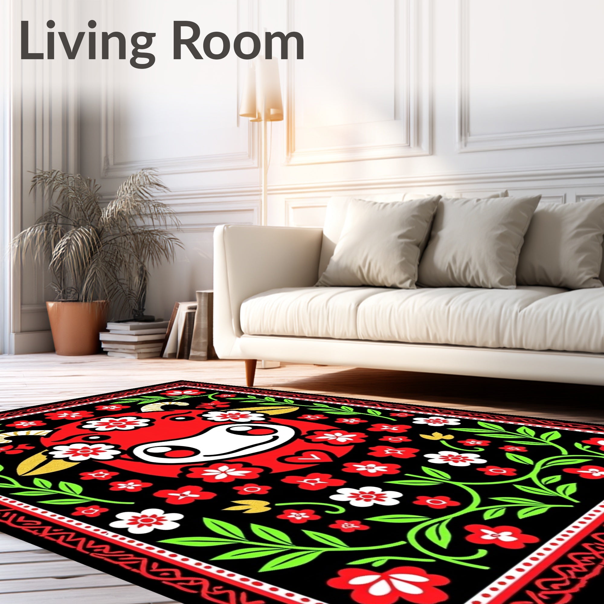 Whimsical Red Cow Floral Folk Rug