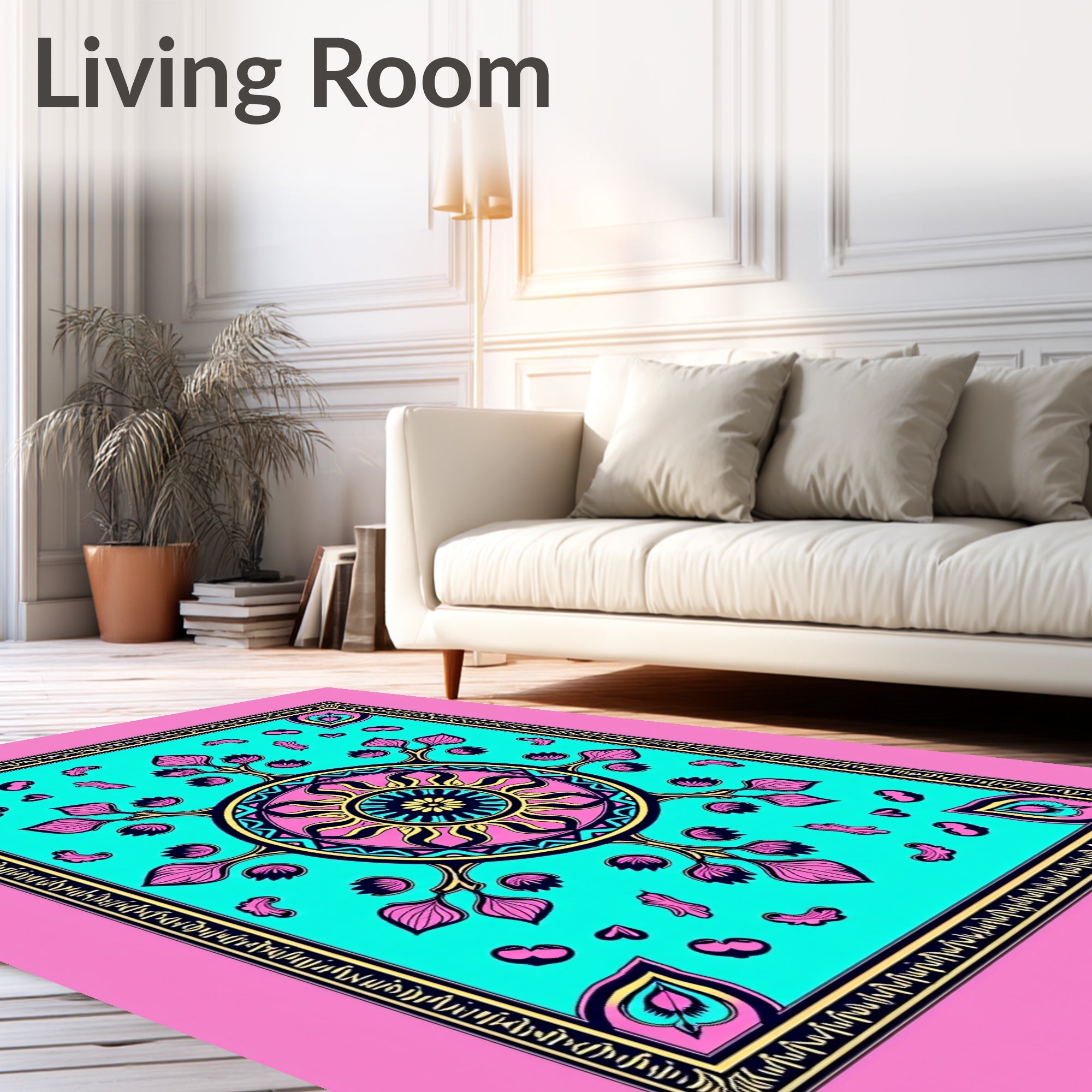 Turquoise Pink Yellow Mandala Sun Rug