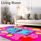 Blue Elephant with Colorful Balloons on Pink Rug