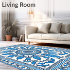 Azure Blue Floral Mandala Border Rug