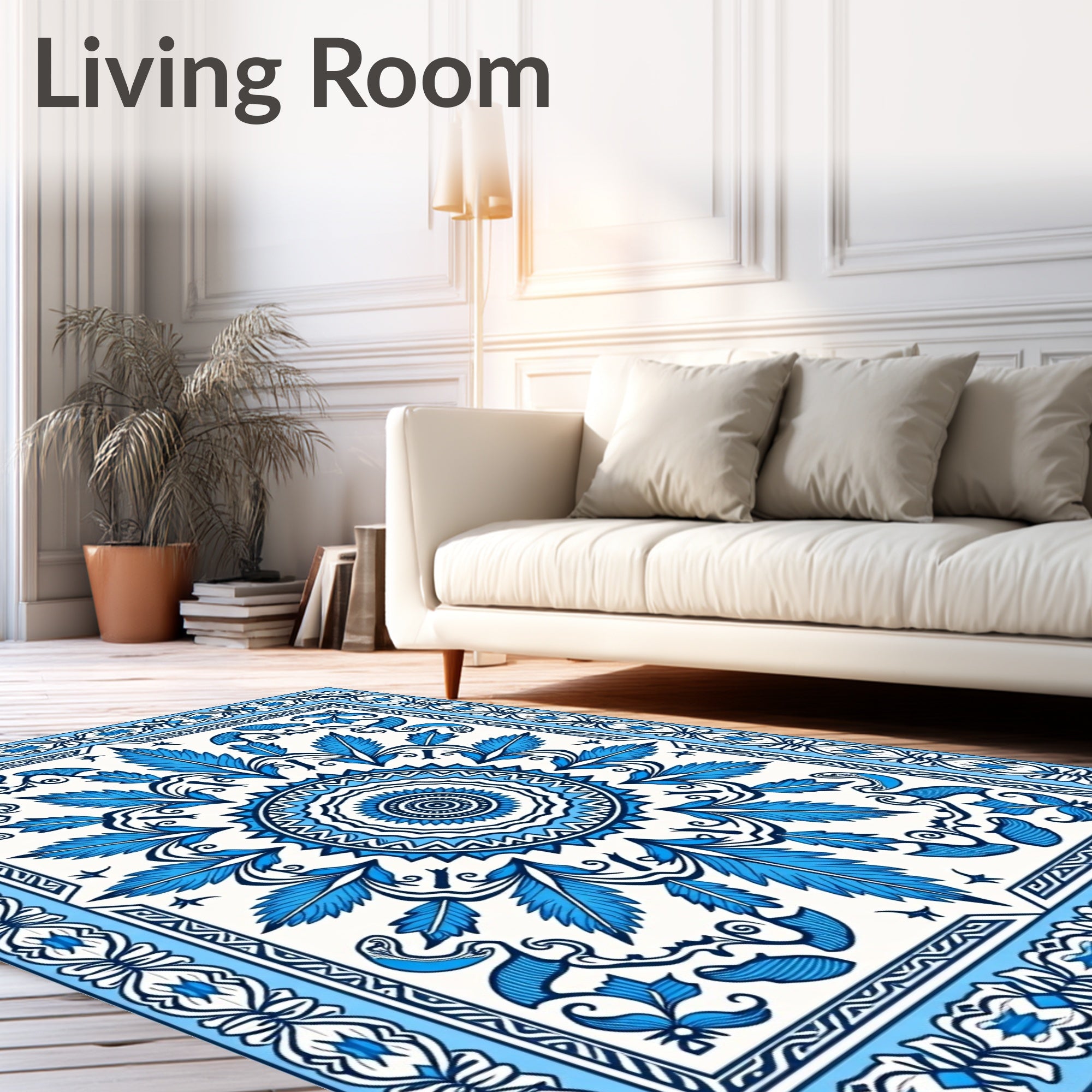 Azure Blue Floral Mandala Border Rug
