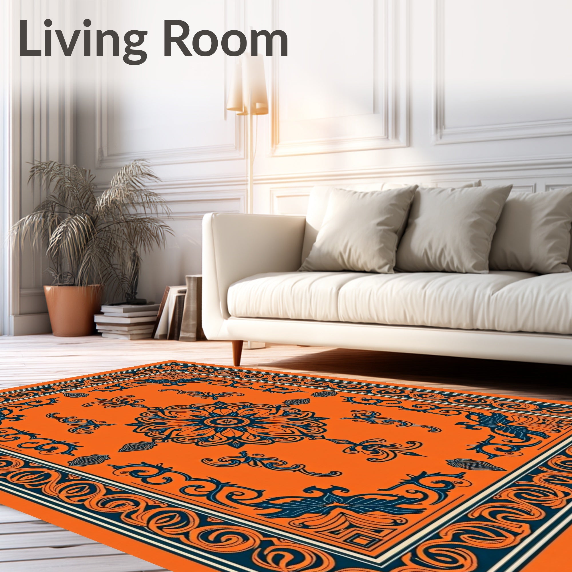 Orange and Navy Floral Medallion Rug