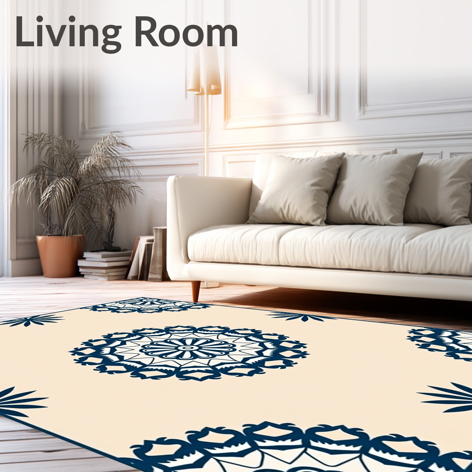 Navy Blue Medallion Cream Background Rug
