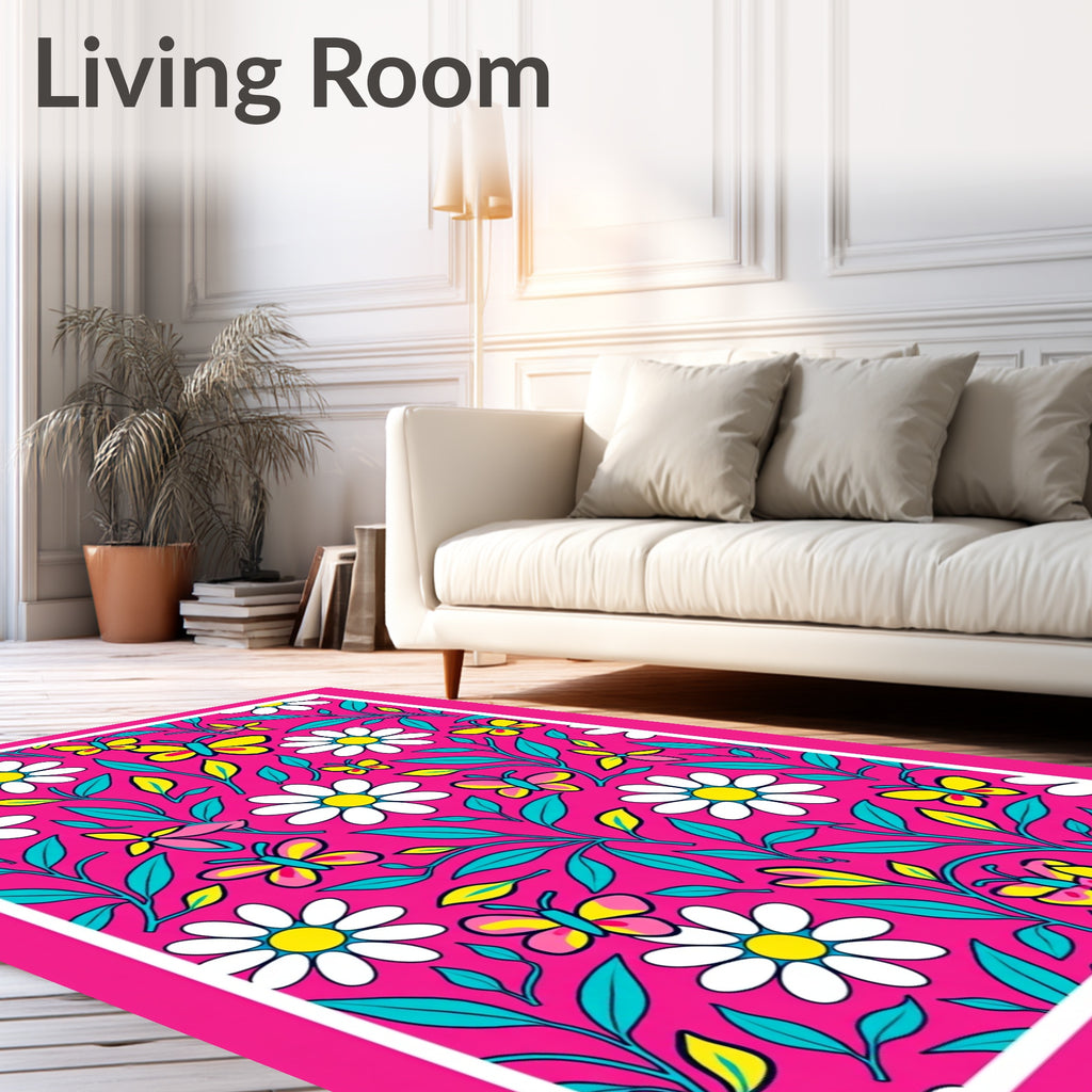 Whimsical Pink Floral Butterfly Garden Rug