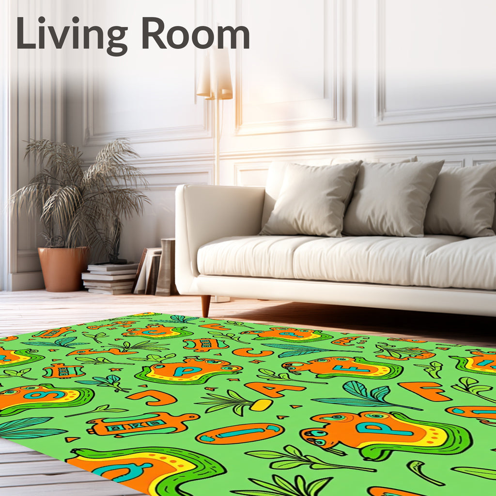 Playful Orange Alphabet Animals Green Background Rug