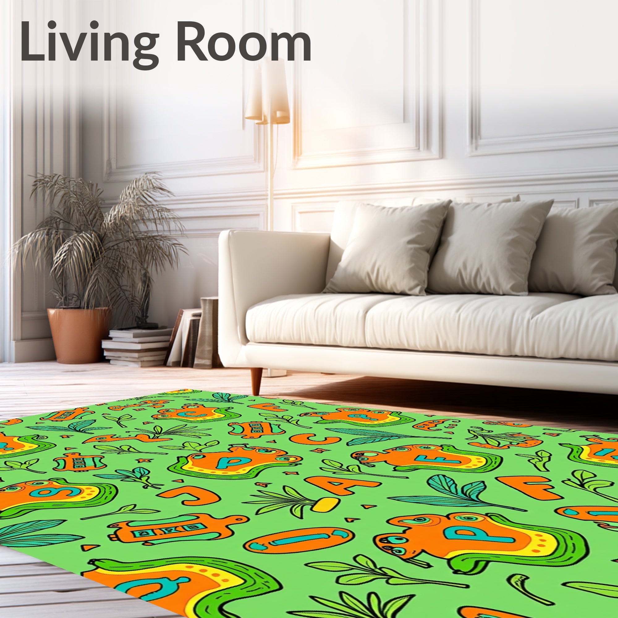 Playful Orange Alphabet Animals Green Background Rug