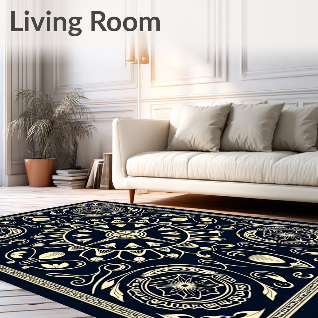 Navy Cream Floral Sunburst Medallion Rug