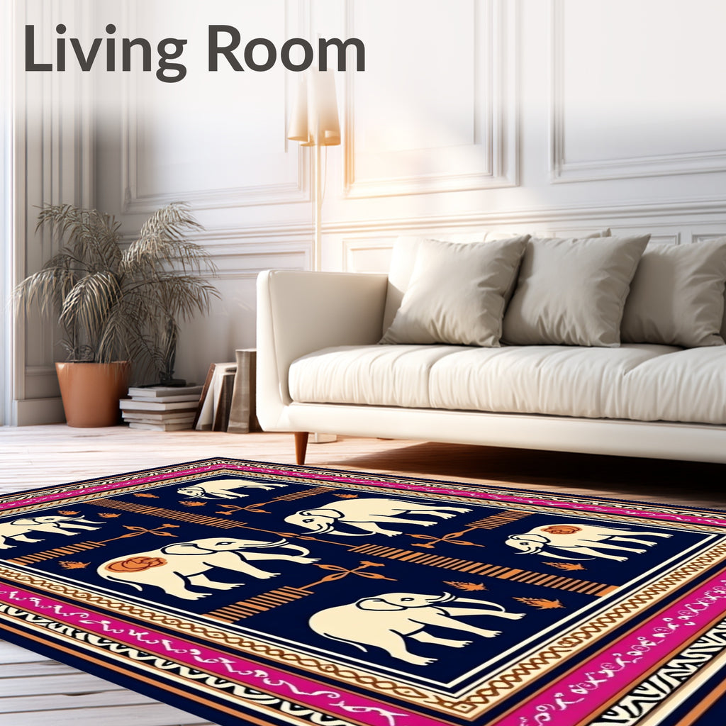 Cream Elephant Dark Navy Border Rug