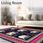 Cream Elephant Dark Navy Border Rug