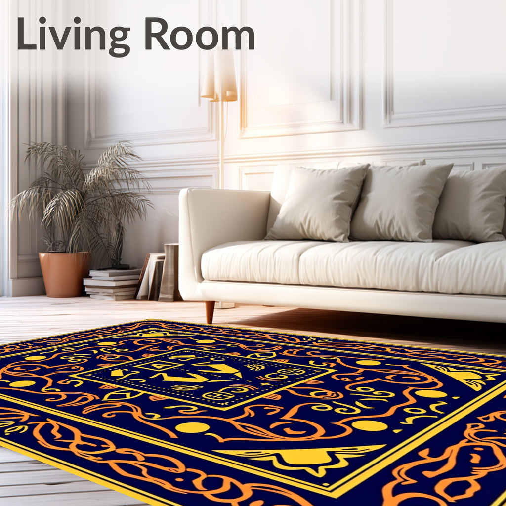 Navy Orange Curlicue Emblem Rug