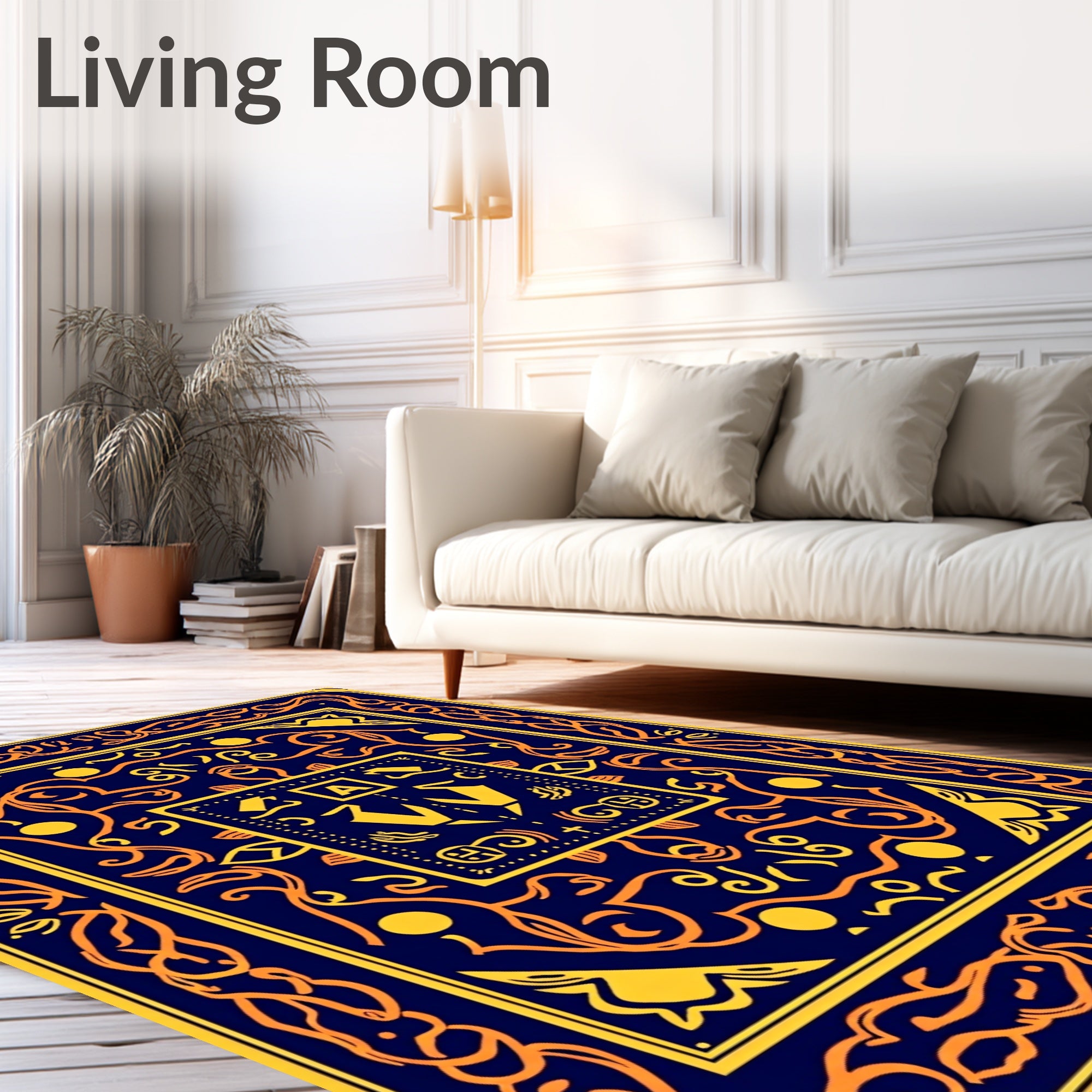 Navy Orange Curlicue Emblem Rug