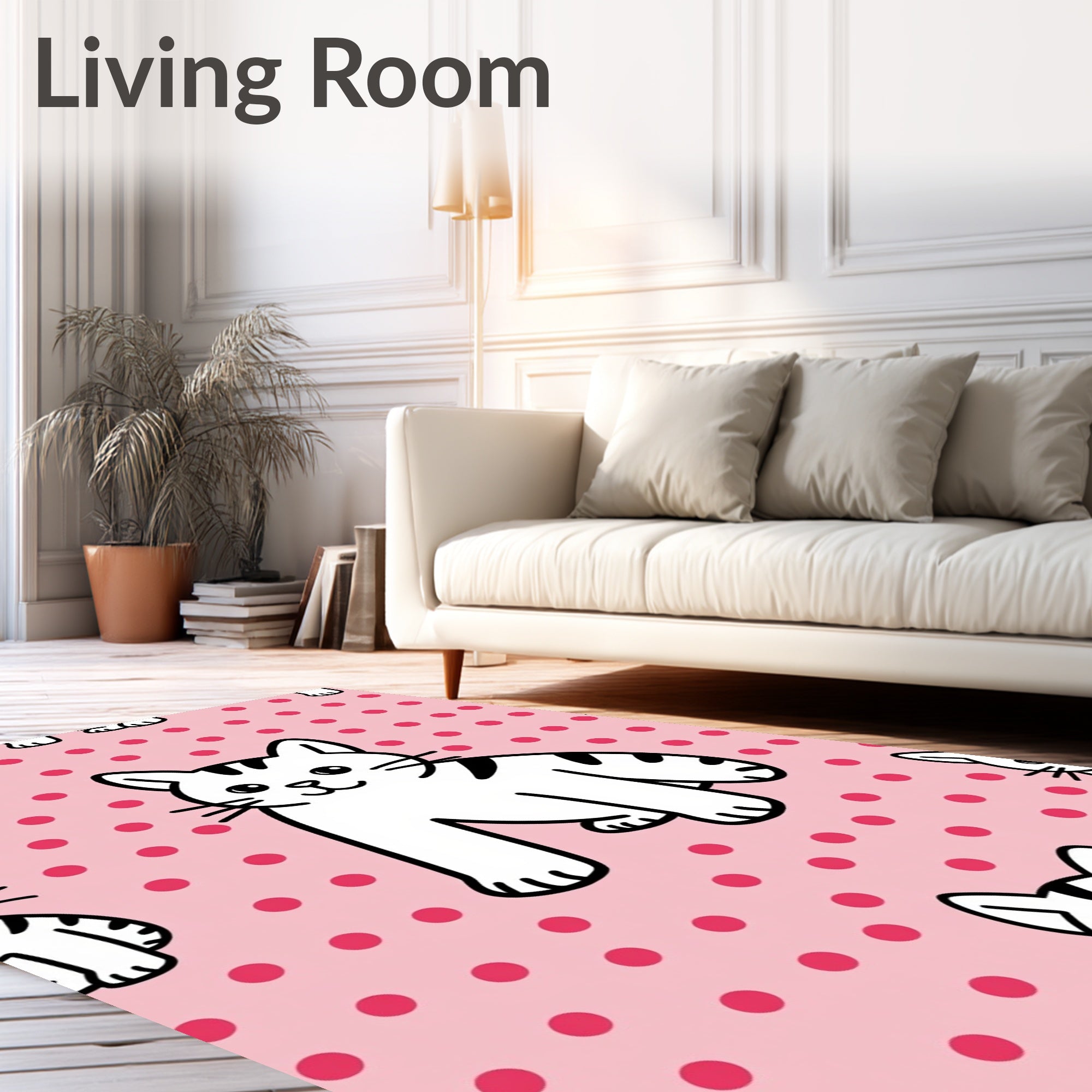 Pink Polka Dot White Cat Friends Rug
