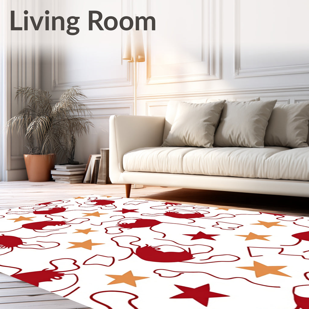 Whimsical Red Figures Golden Stars Rug
