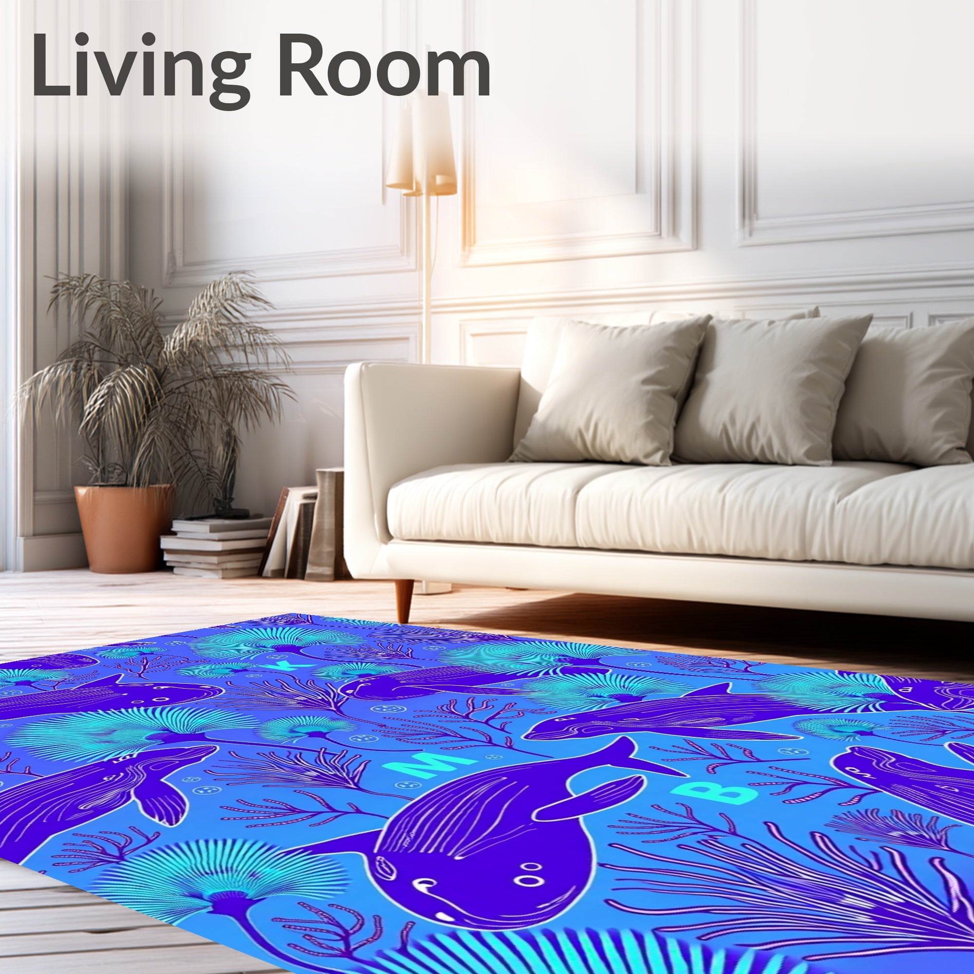 Whimsical Indigo Dolphin Coral Scene Rug
