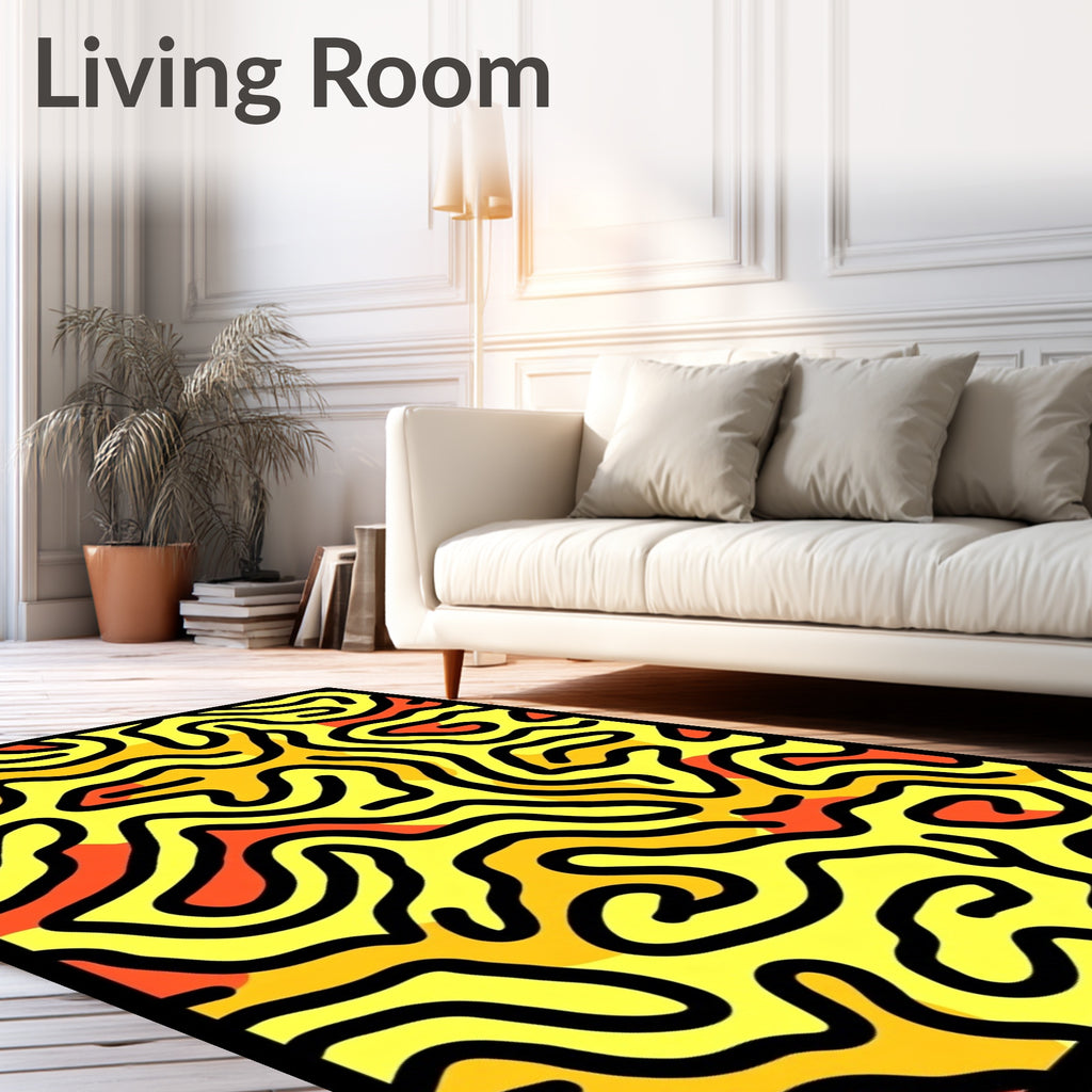 Vibrant Yellow Orange Maze Swirls Rug