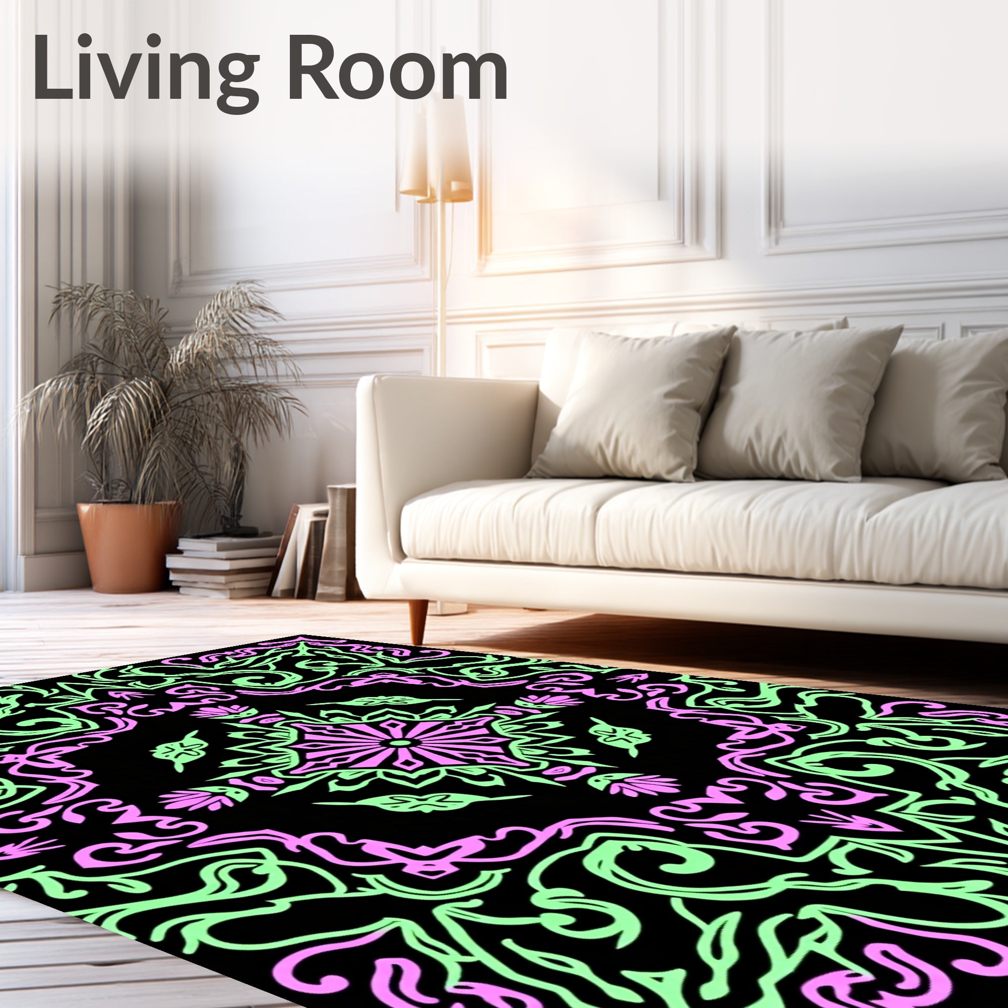 Abstract Pink Green Floral Medallion Rug