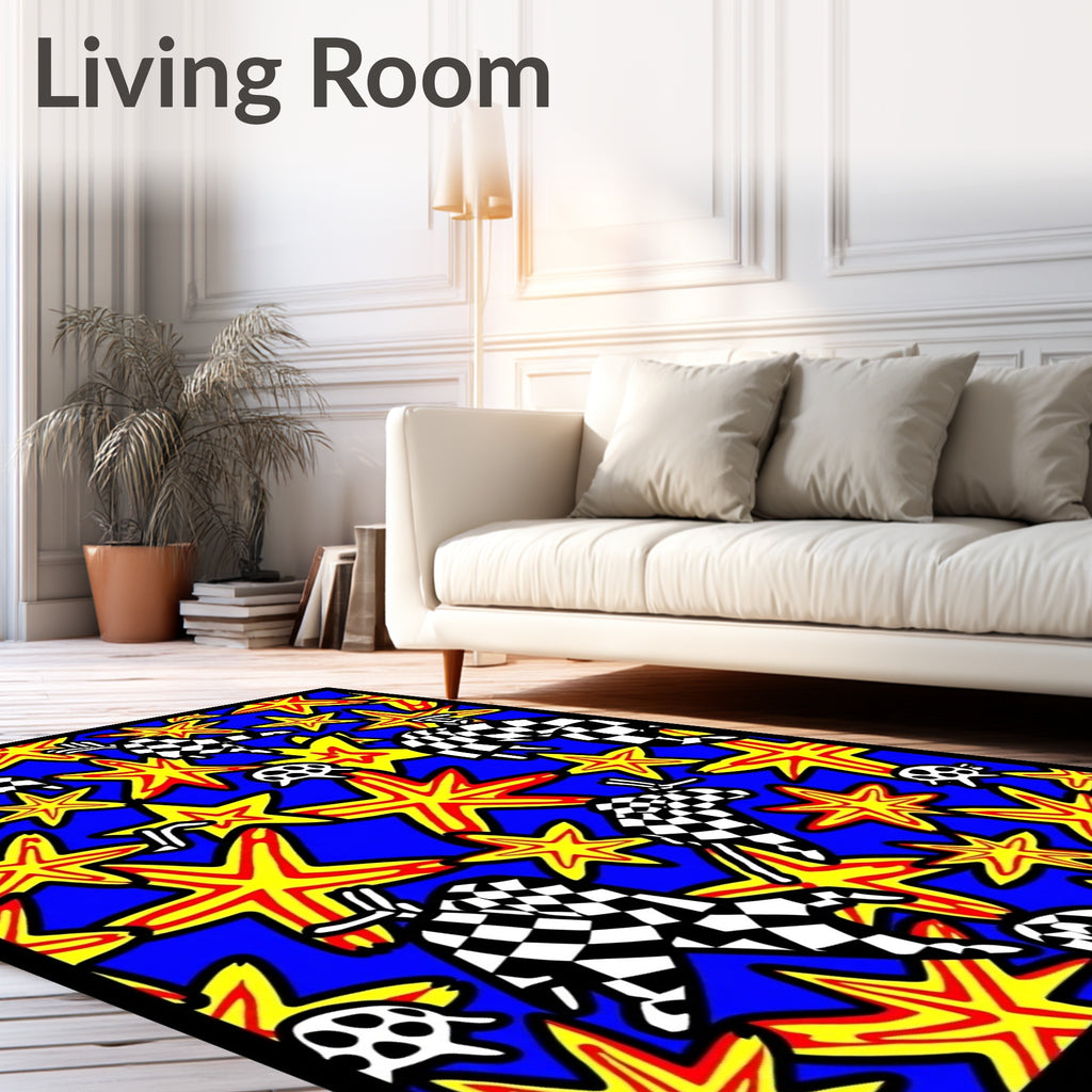Bold Blue Checkered Starburst Collision Rug