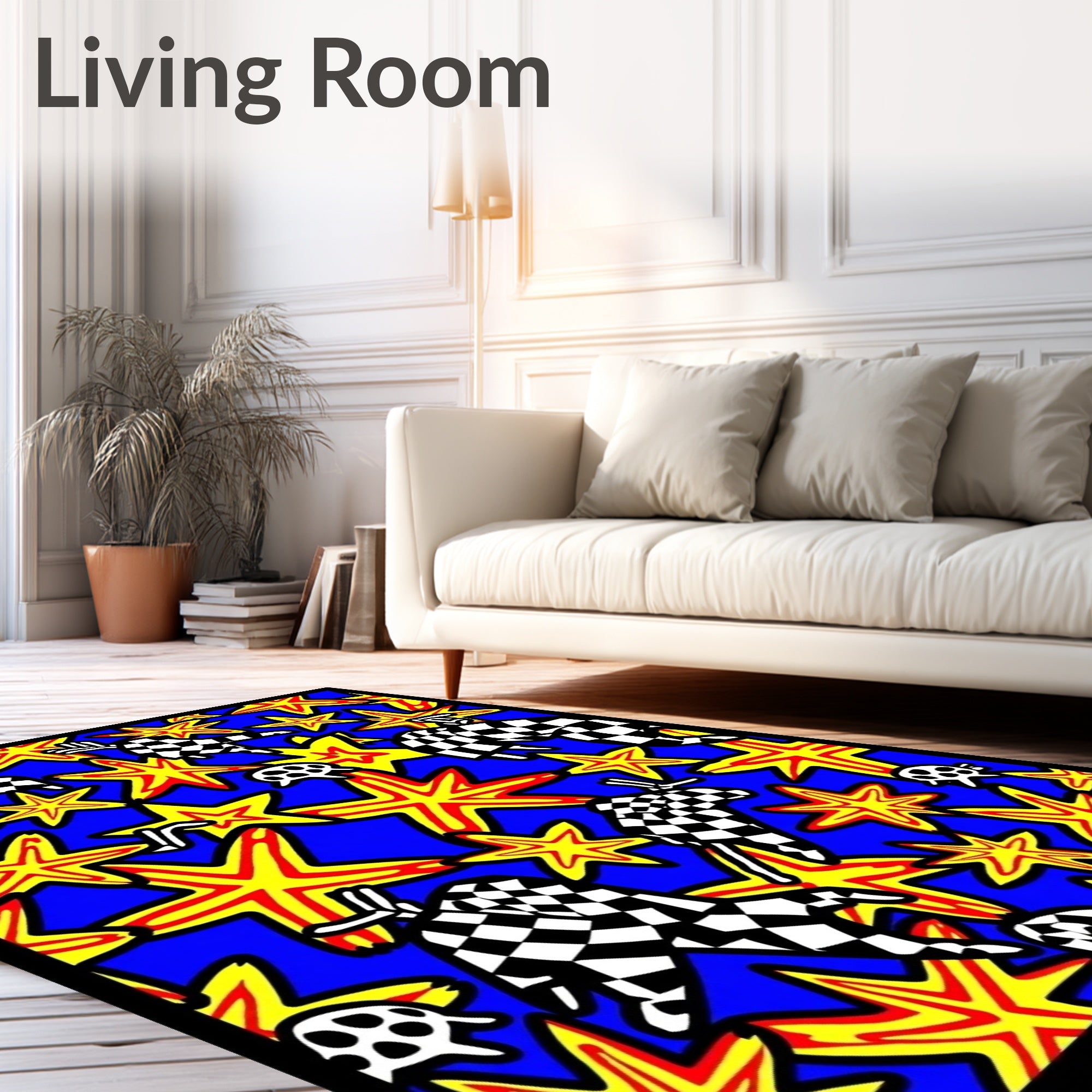 Bold Blue Checkered Starburst Collision Rug