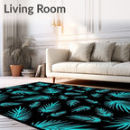 Teal Palm Leaves Black Background Rug