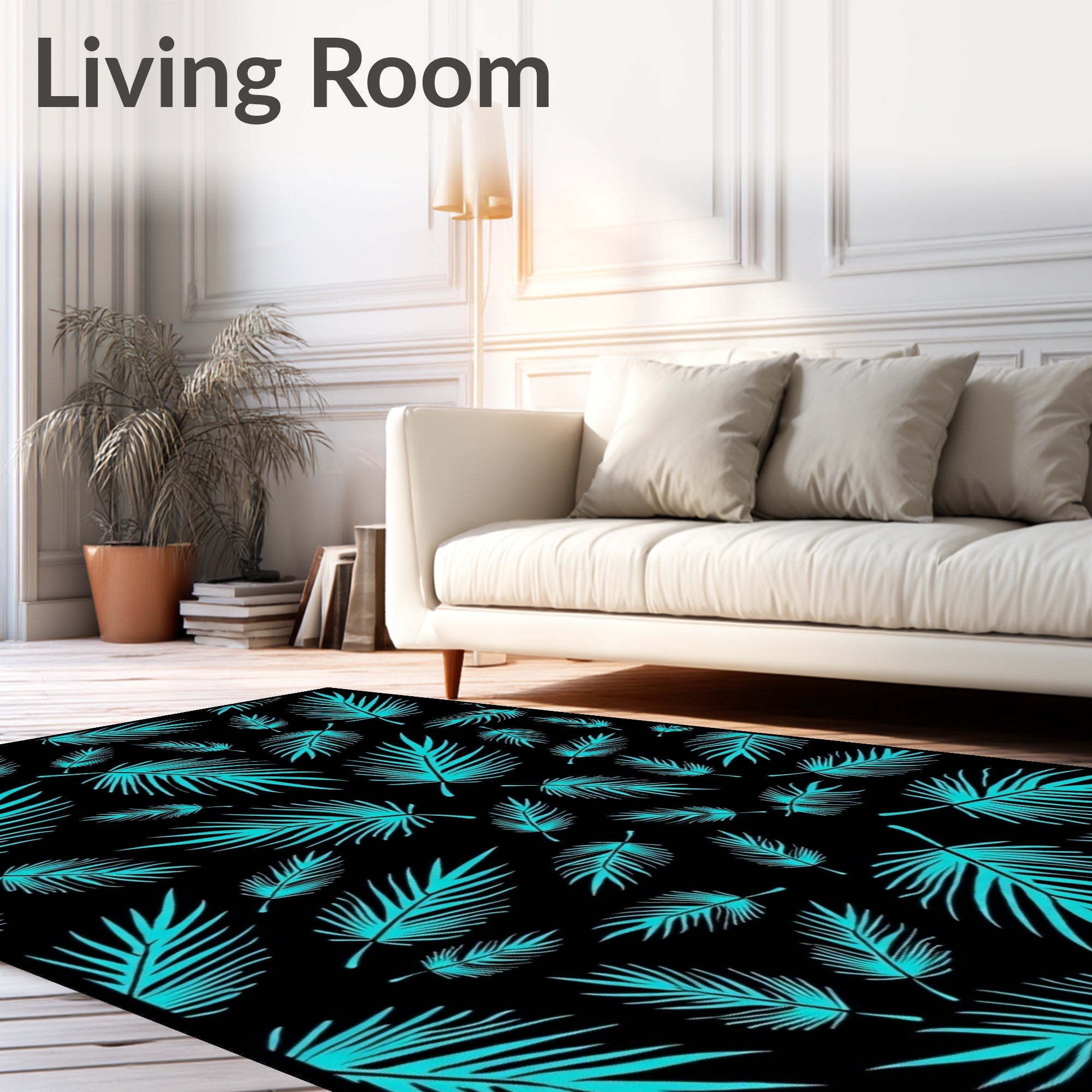 Teal Palm Leaves Black Background Rug