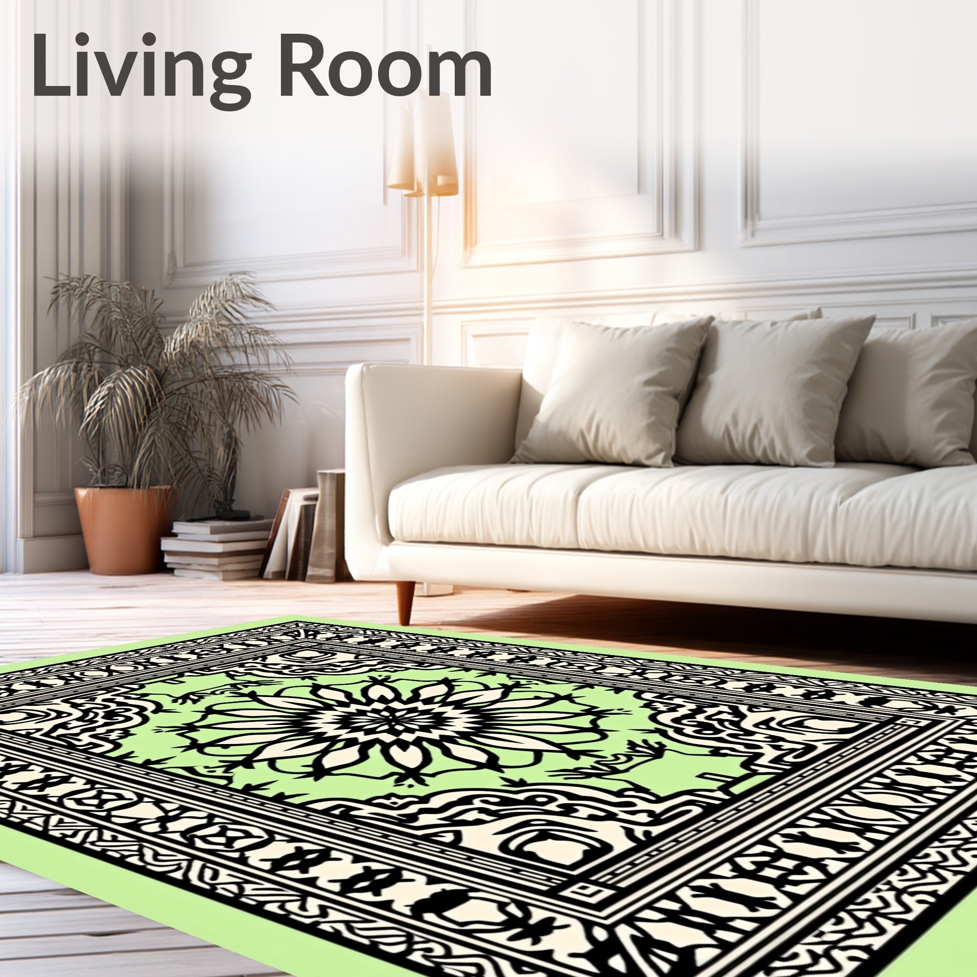 Light Green Black Medallion Floral Border Rug