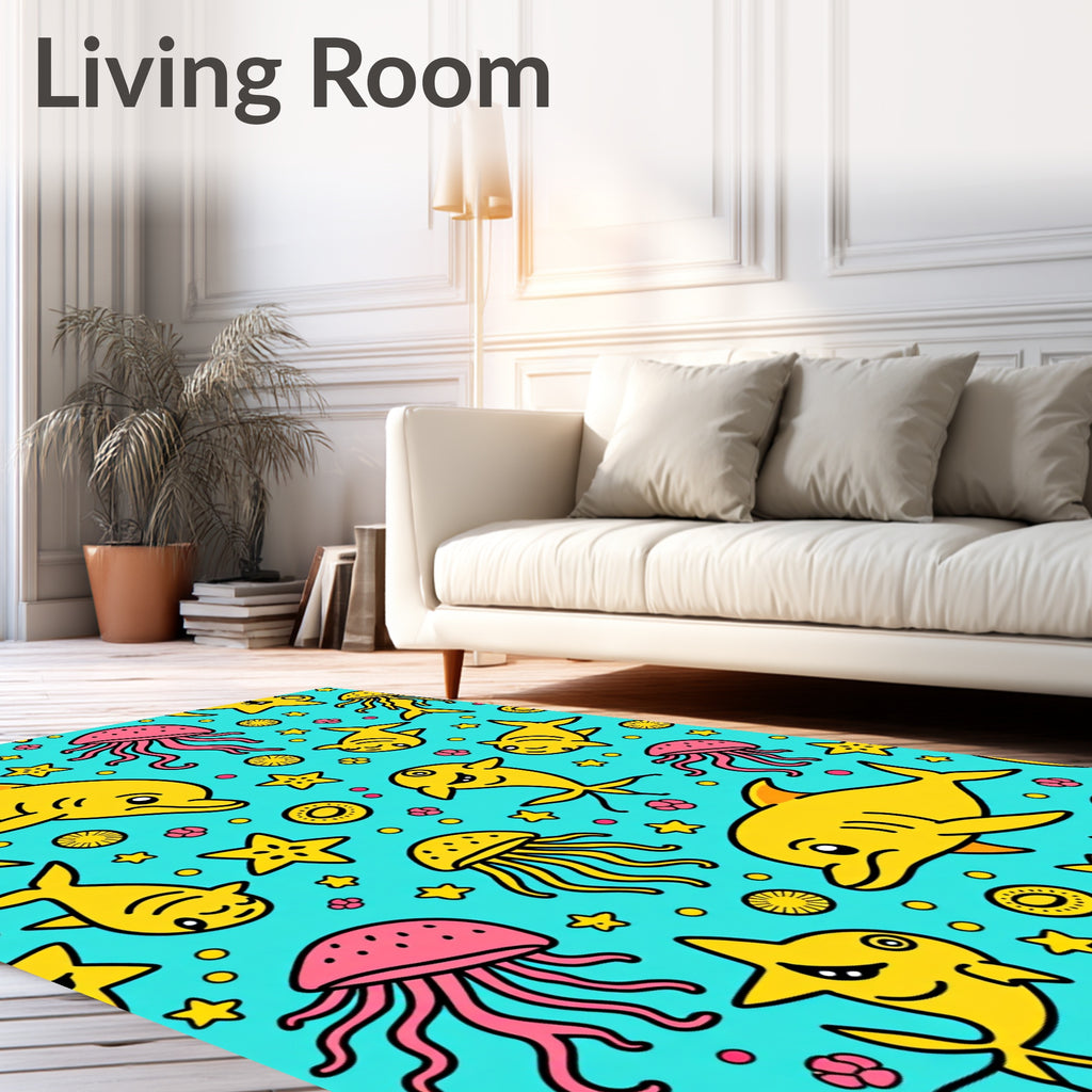 Whimsical Yellow Marine Creature Collage Rug