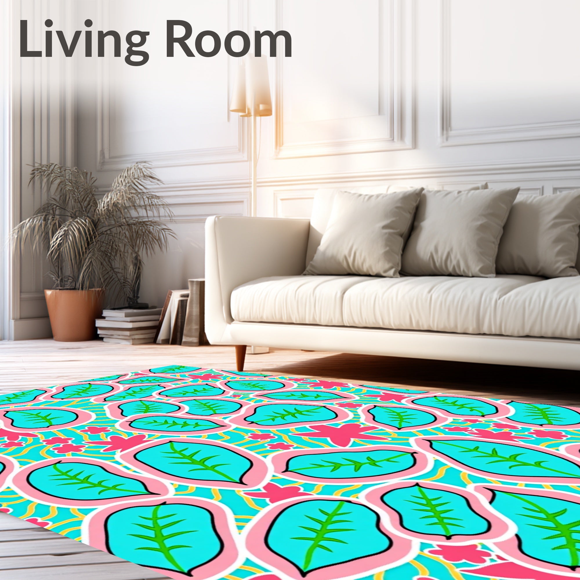 Vibrant Teal Abstract Leaf Floral Swirl Rug