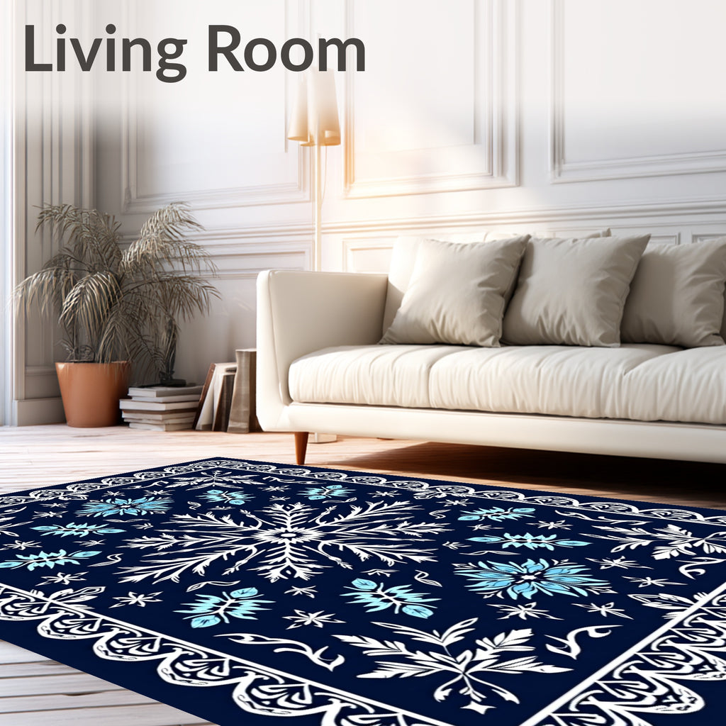 Midnight Blue White Floral Medallion Rug