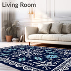 Midnight Blue White Floral Medallion Rug