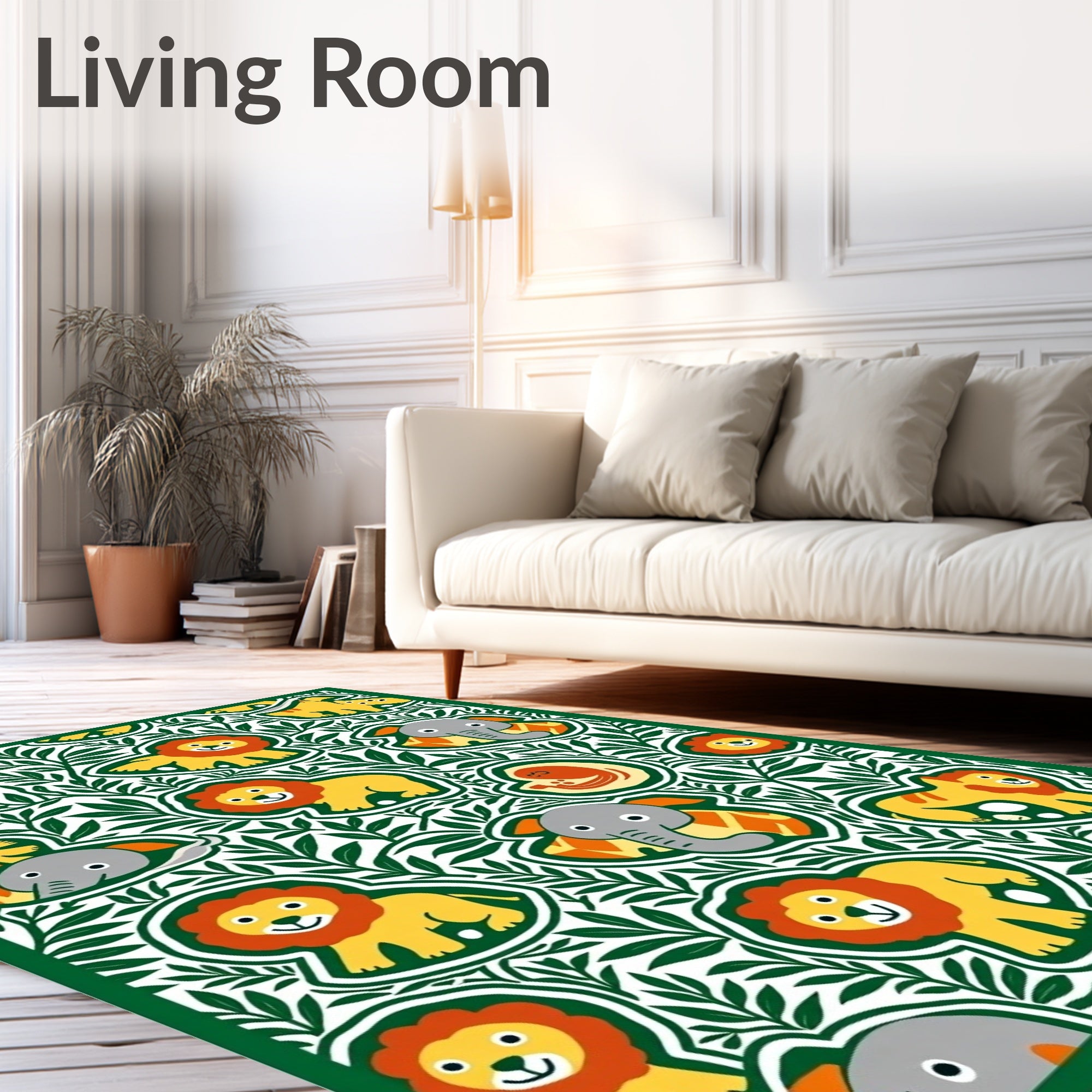 Playful Yellow Lions Green Jungle Animals Rug