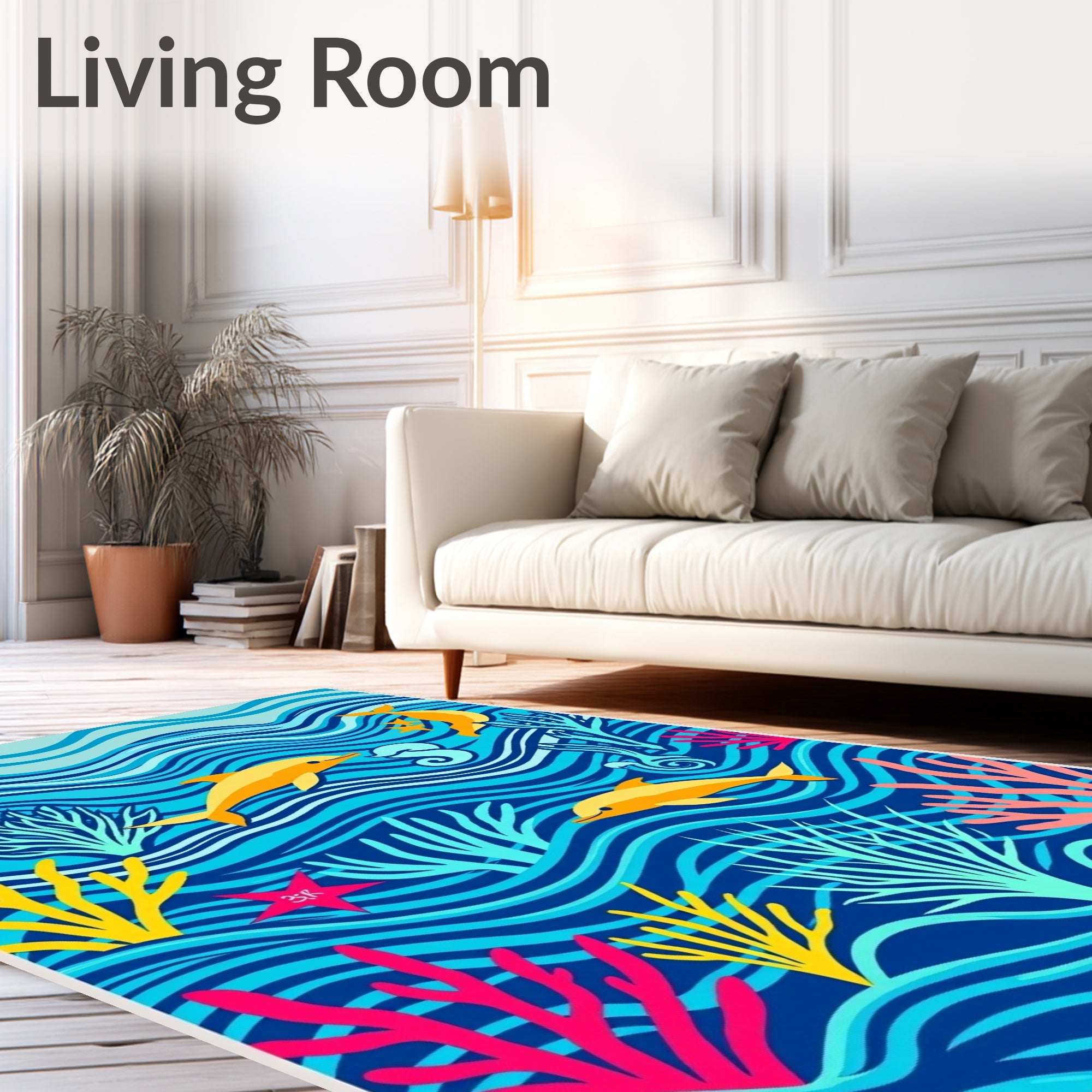 Playful Yellow Dolphins Coral Waves Rug