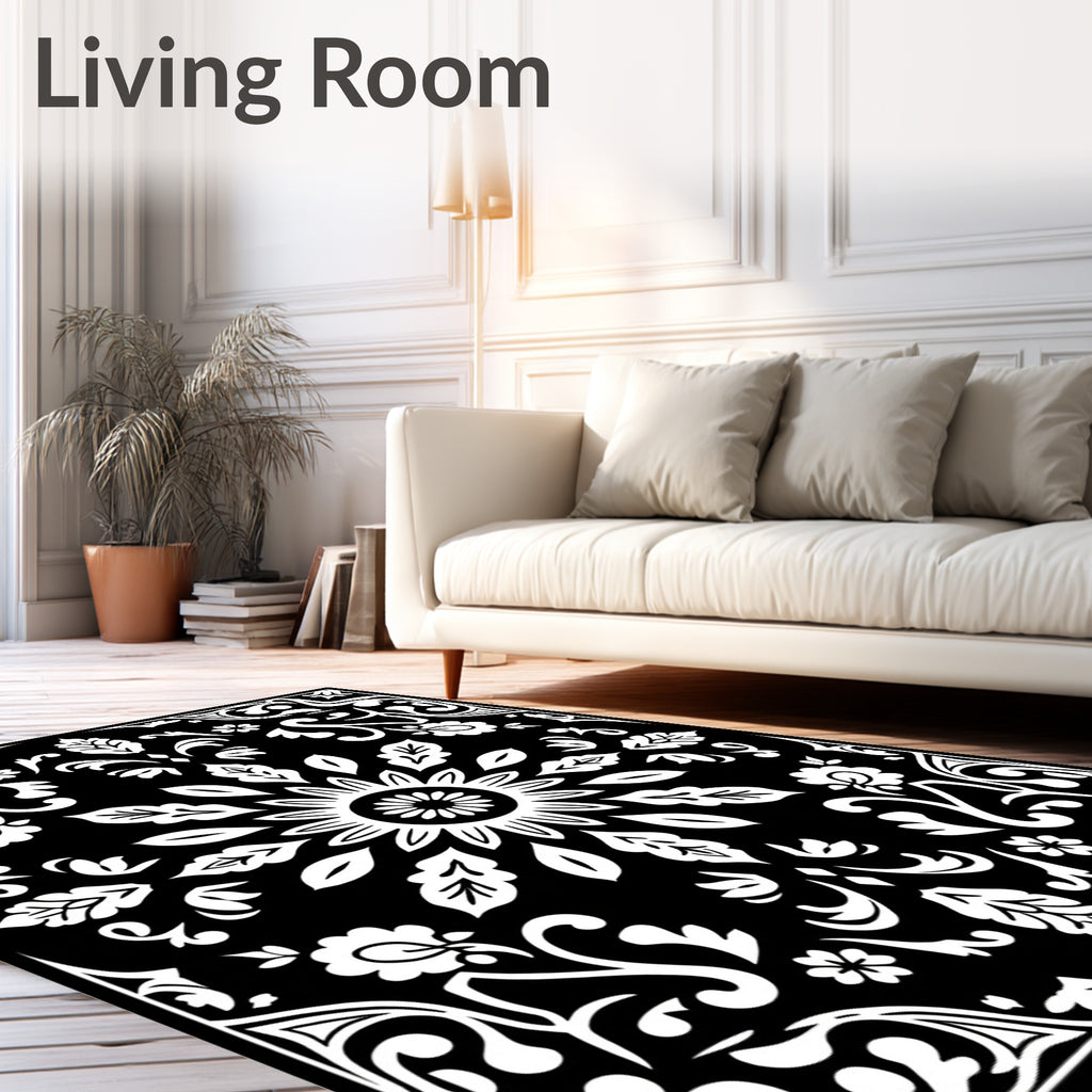 Black White Floral Mandala Rug