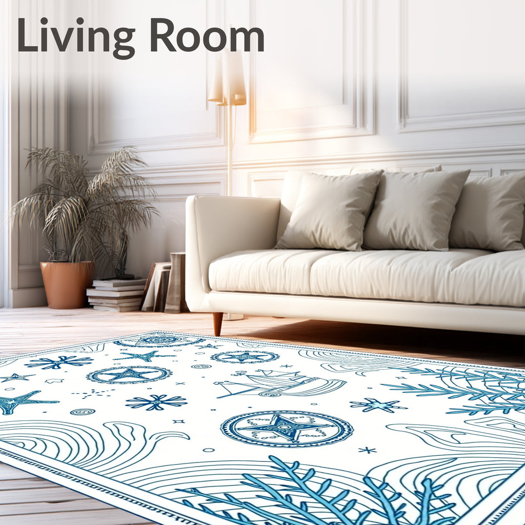 Nautical Blue Starfish Sailboat Compass Rug
