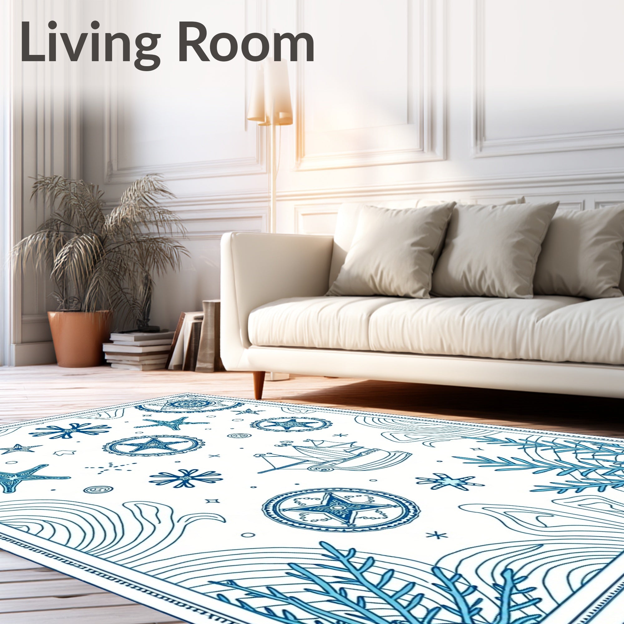 Nautical Blue Starfish Sailboat Compass Rug