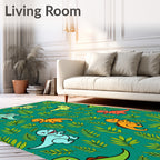 Playful Cartoon Dinosaurs Green Foliage Repeats Rug