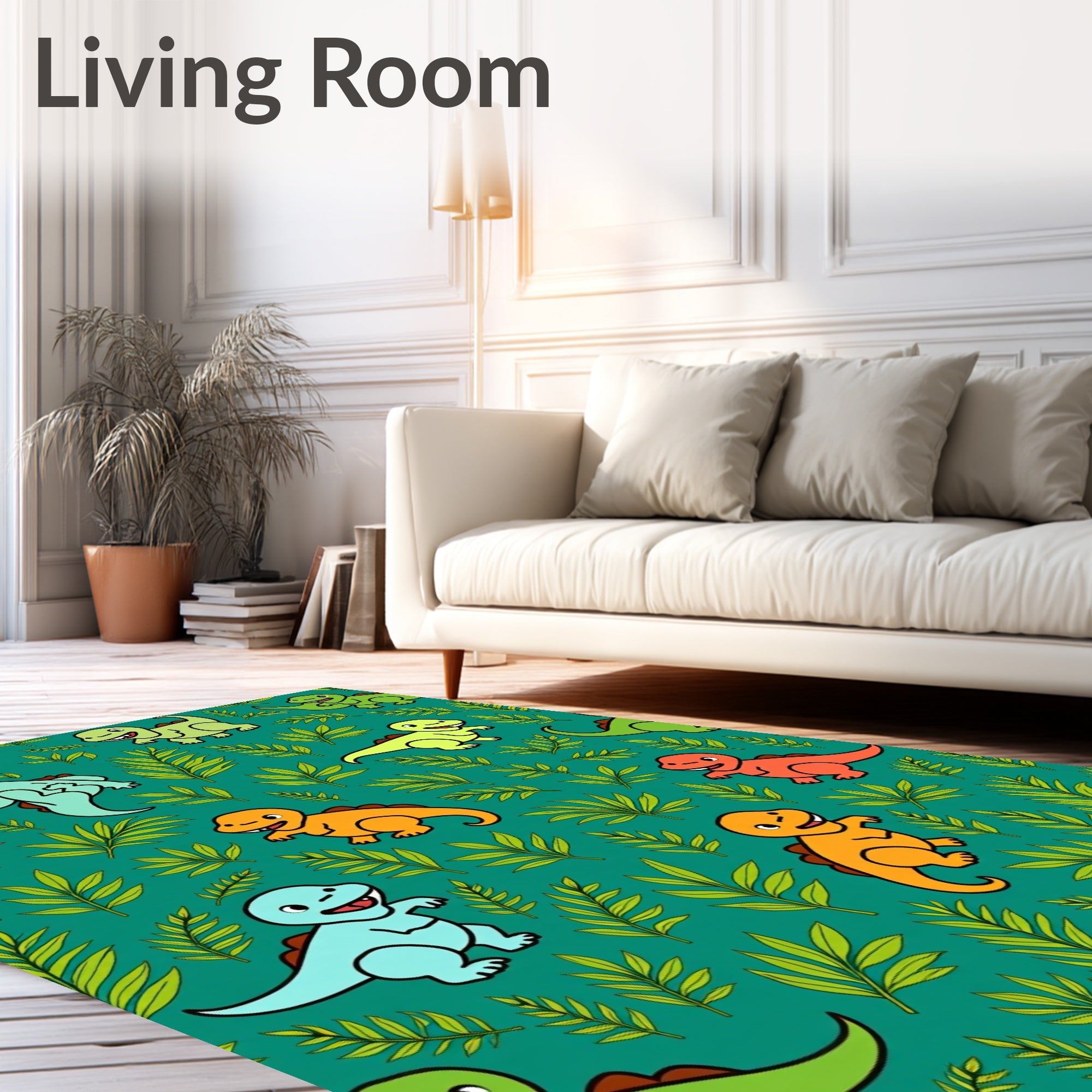 Playful Cartoon Dinosaurs Green Foliage Repeats Rug