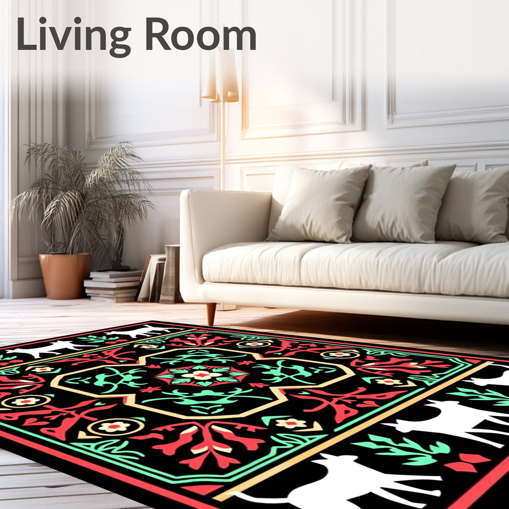White Animals Red Green Floral Frame Rug