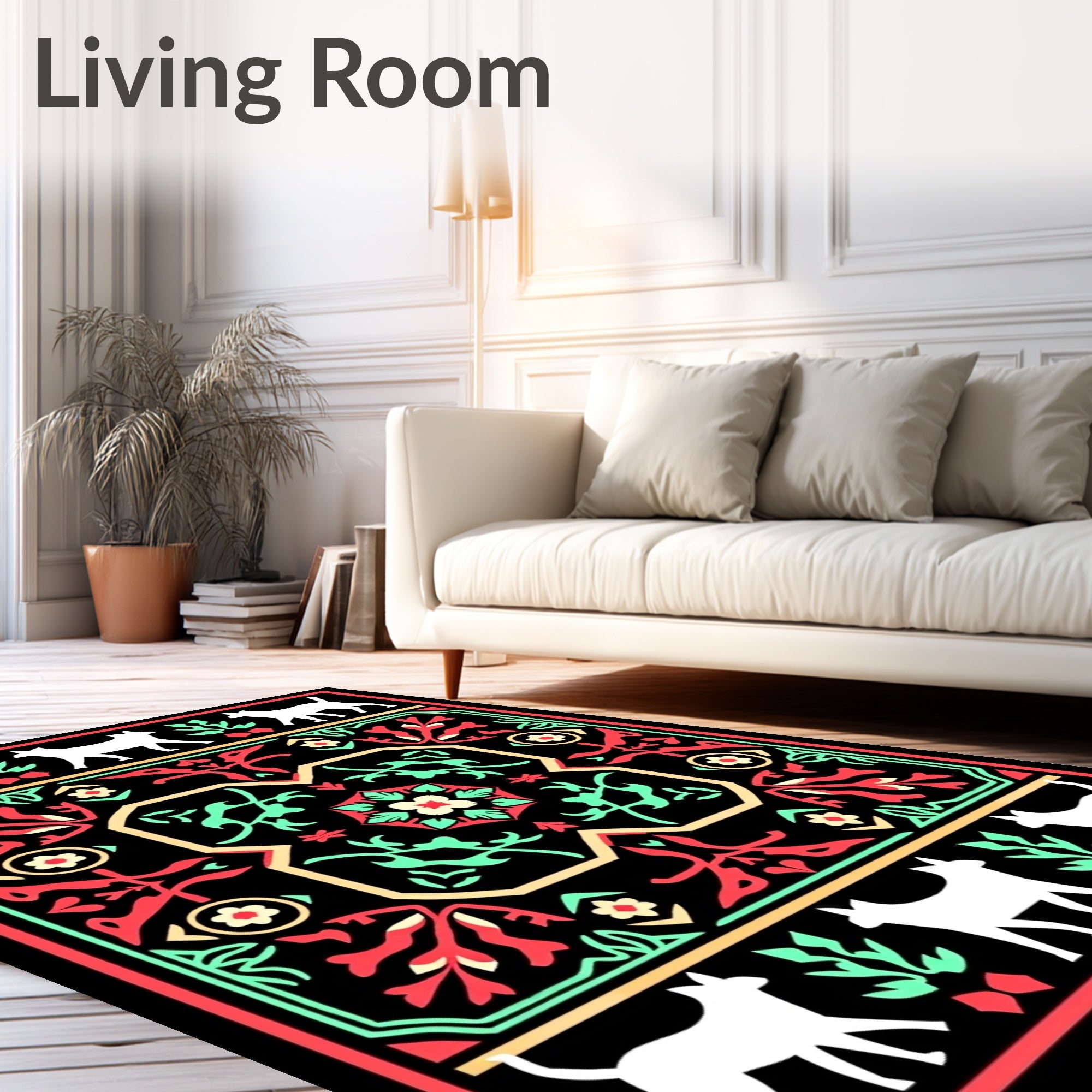 White Animals Red Green Floral Frame Rug