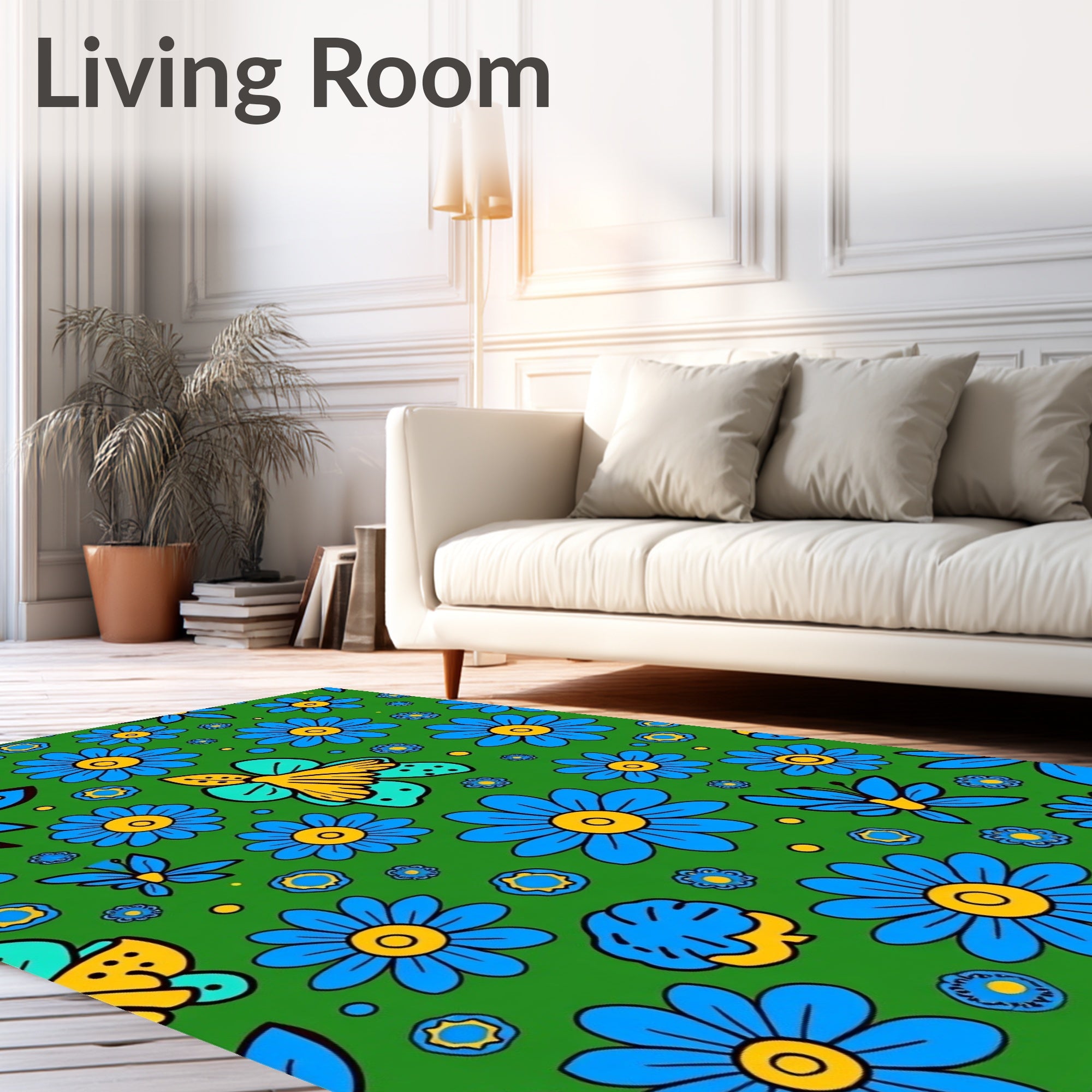 Blue Yellow Butterfly Floral Meadow Rug