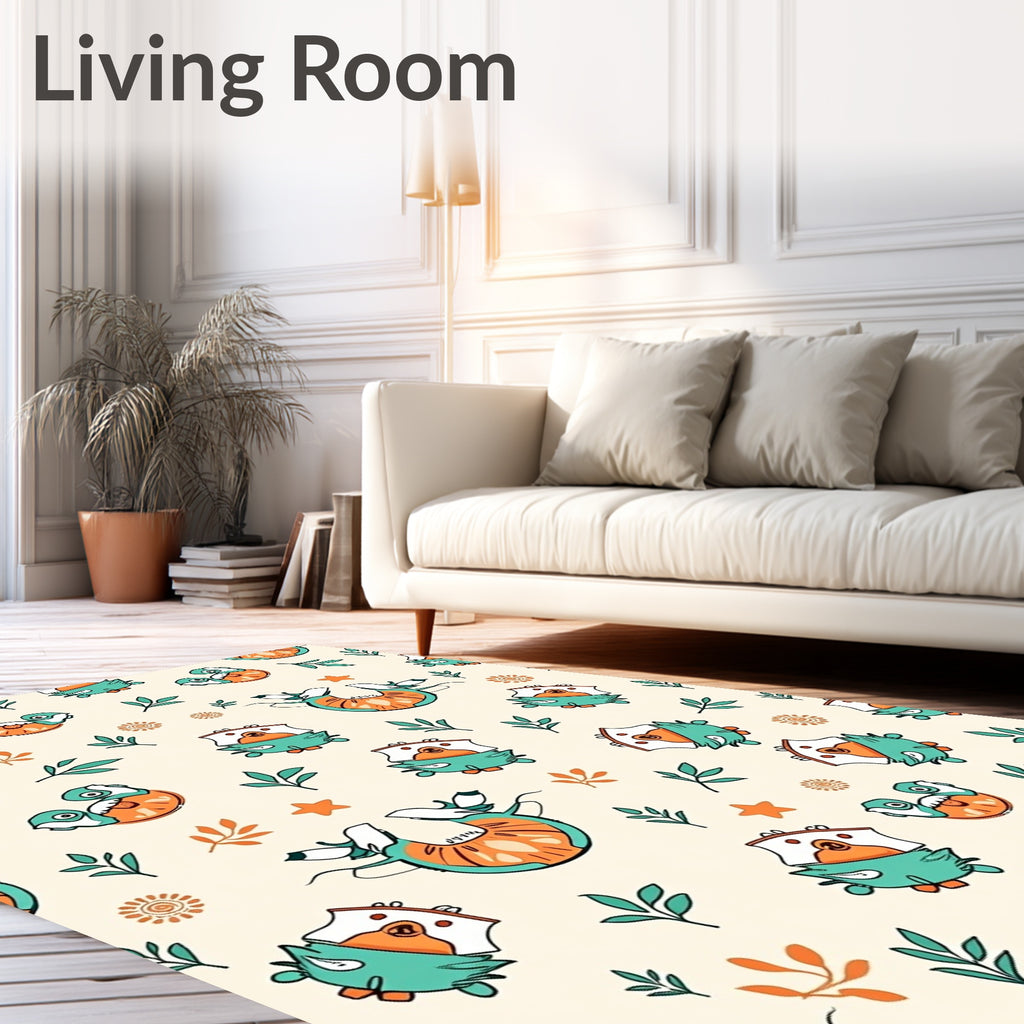 Playful Teal Orange Bird Floral Rug