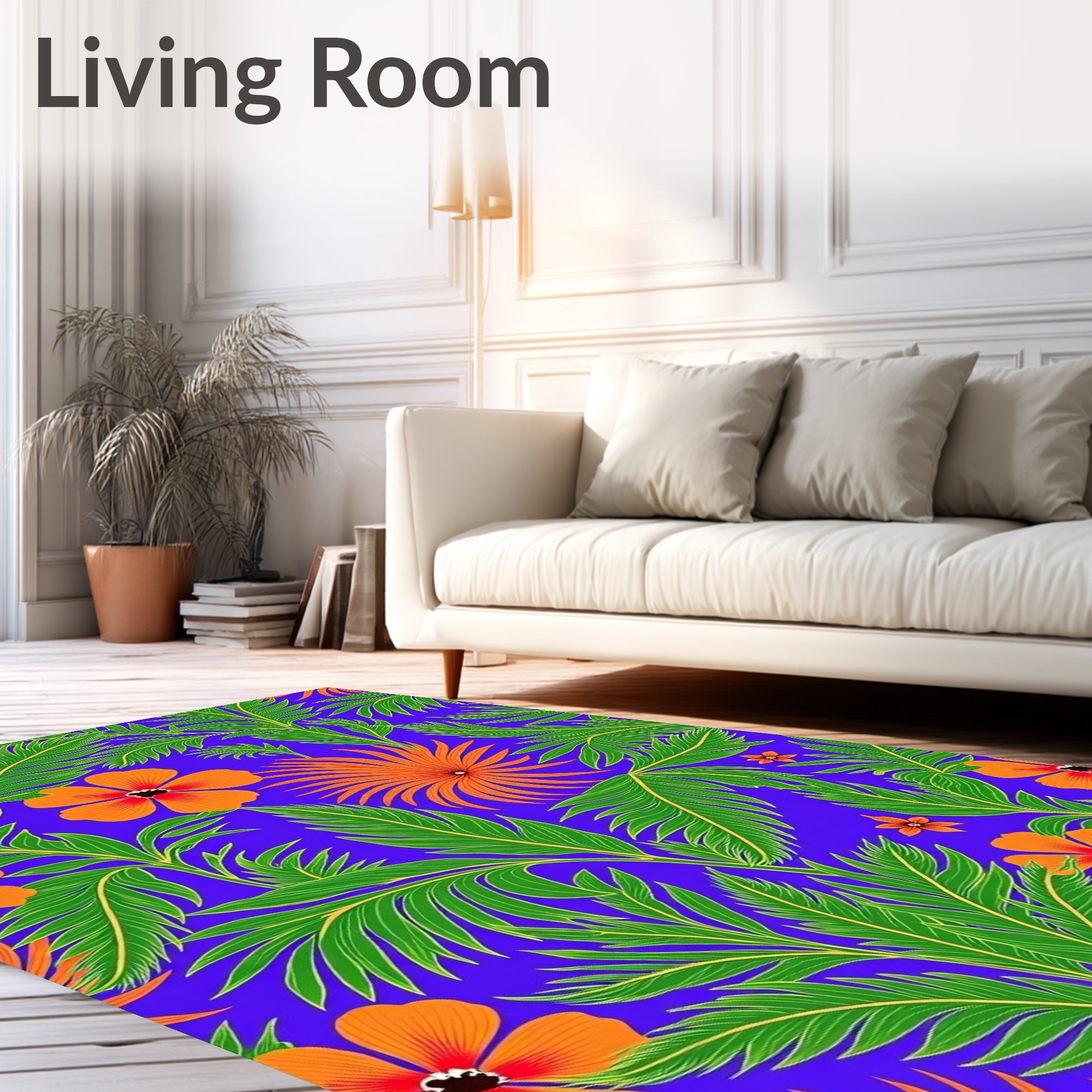 Vibrant Orange Flower Tropical Leaf Rug