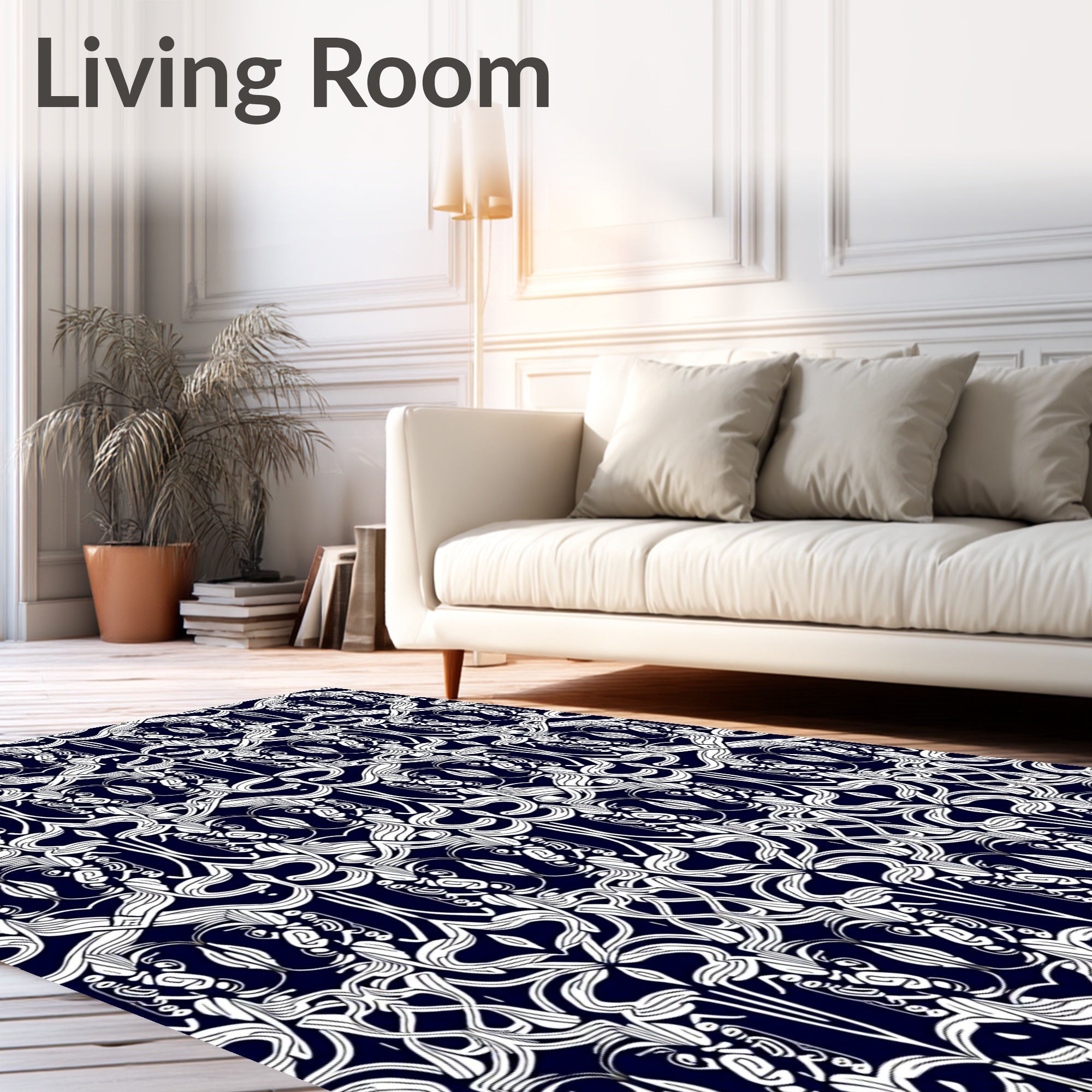 Art Nouveau Midnight Blue White Swirl Rug