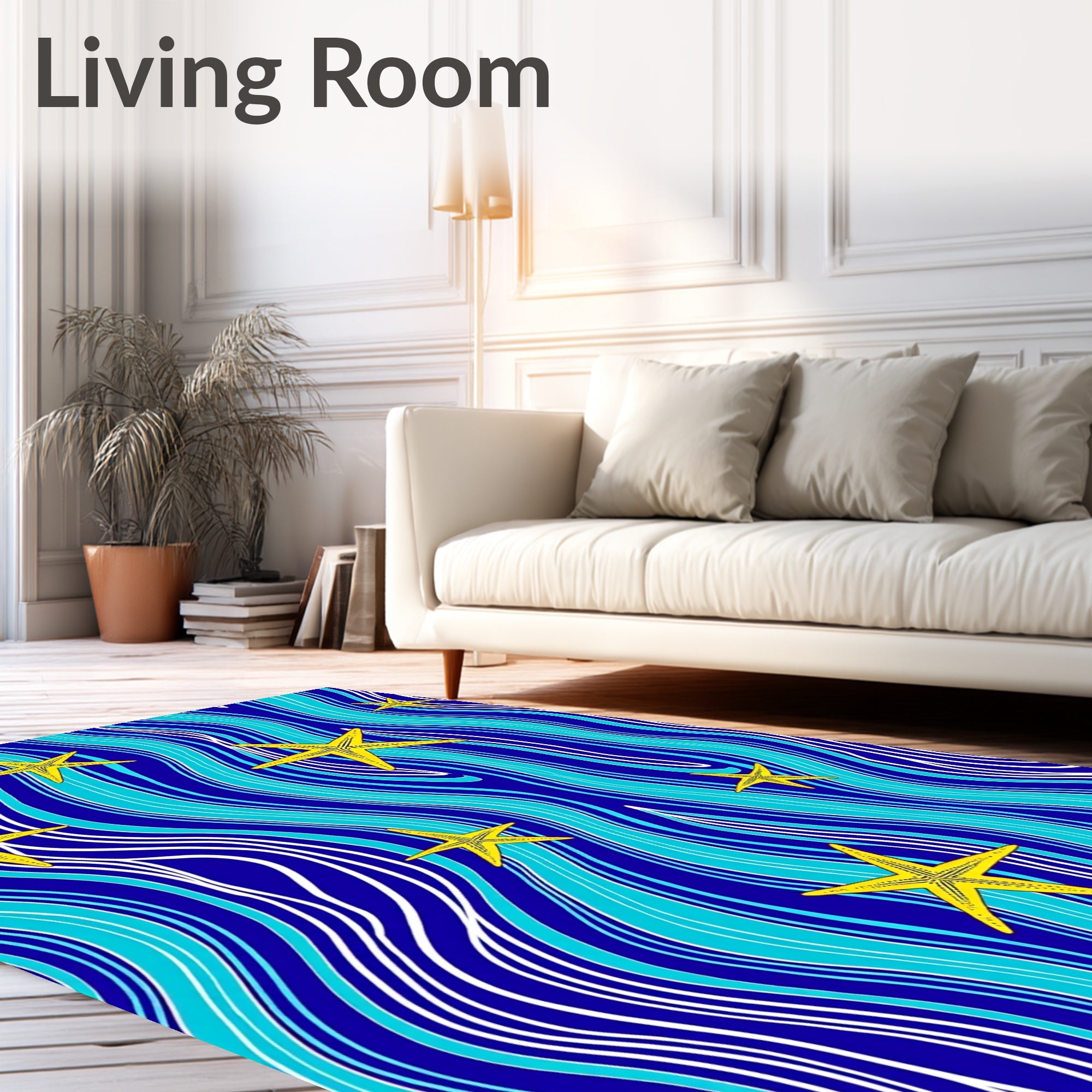 Yellow Starfish Blue Aqua Wave Rug