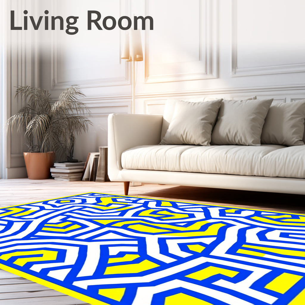 Bold Blue Yellow Abstract Maze Rug