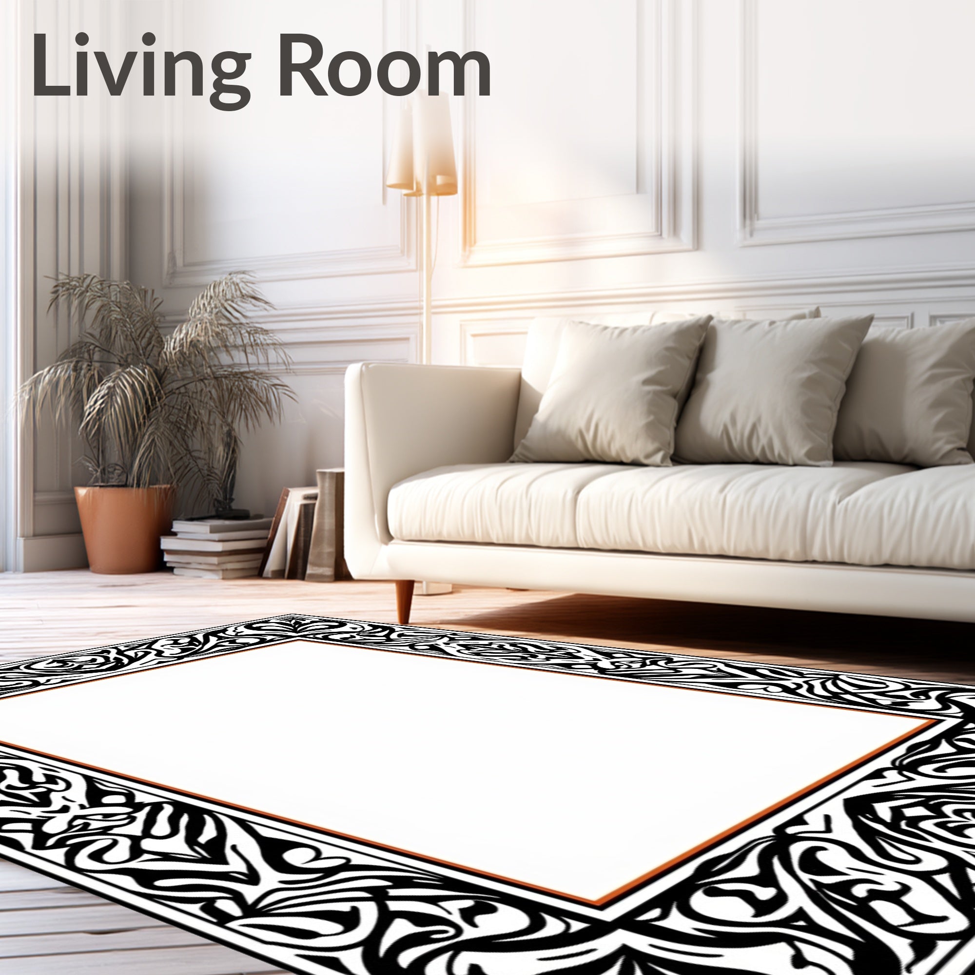 Black White Art Nouveau Scroll Border Rug