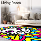 Whimsical White Cat Neon Swirls Rug