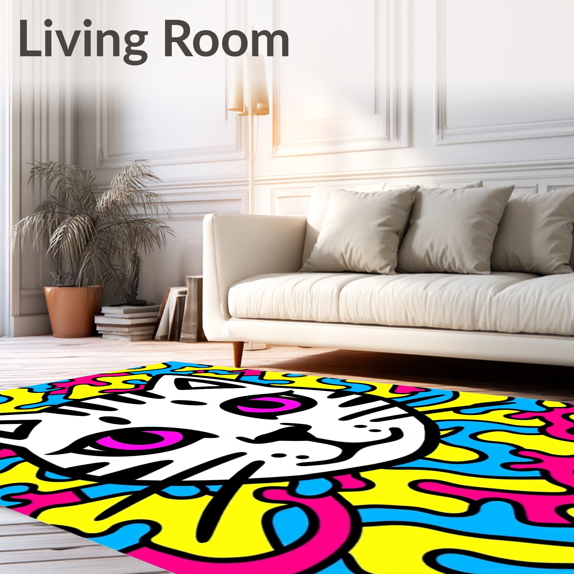Whimsical White Cat Neon Swirls Rug