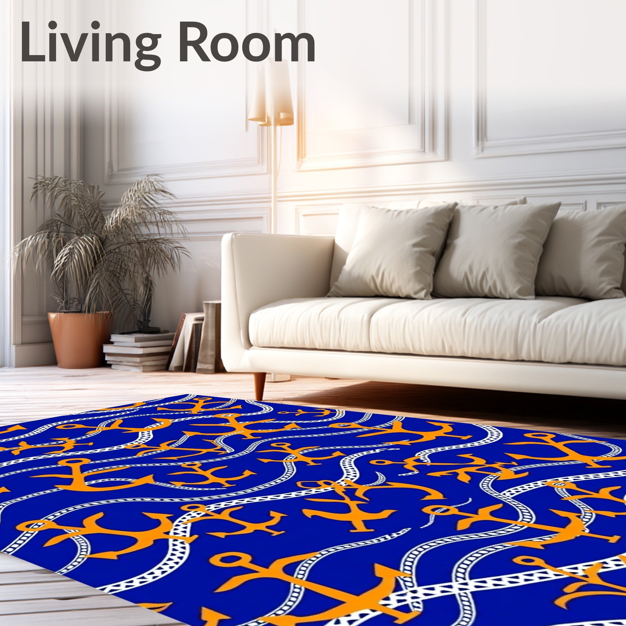 Orange Anchors on Blue Waves Rug