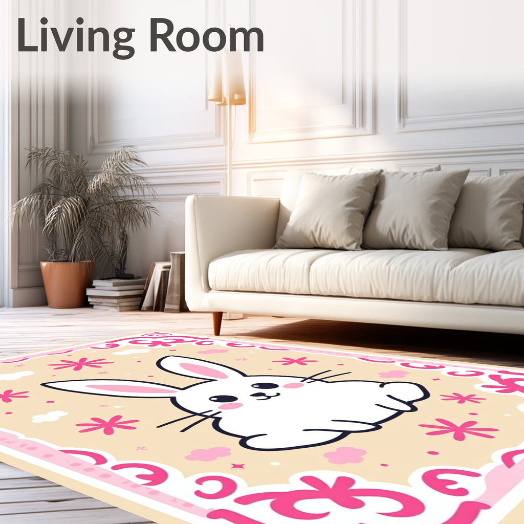 Kawaii White Rabbit Pink Floral Border Rug
