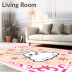 Kawaii White Rabbit Pink Floral Border Rug